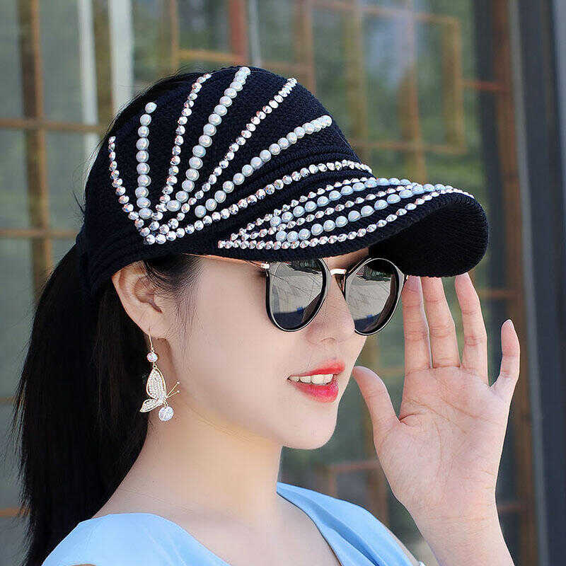 时尚空顶帽女夏户外遮阳帽透气防晒帽马尾帽珍珠水钻针织鸭舌帽子