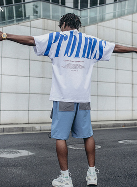 PRBLMS国潮复古大LOGO印花情侣短袖嘻哈潮牌半袖街头男女宽松t恤