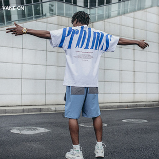 PRBLMS国潮复古大LOGO印花情侣短袖嘻哈潮牌半袖街头男女宽松t恤