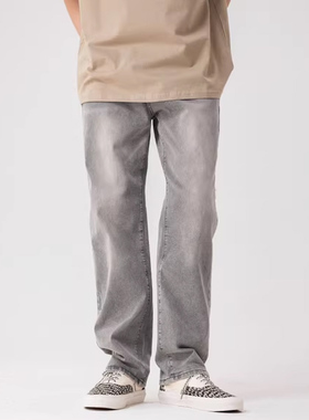 新因素水洗烟灰色弹力牛仔裤男春夏款做旧复古美式直筒裤男女同款