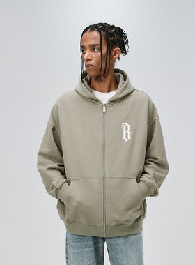 BONELESS基础B字印花拉链开衫连帽卫衣美式高街男女秋冬帽衫外套