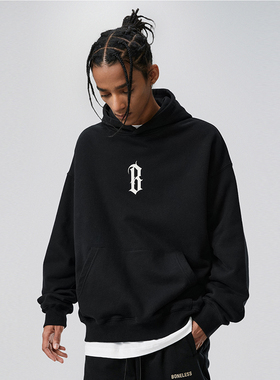 BONELESS美式基础B字胶浆印花帽衫高街男针织长袖重磅连帽卫衣