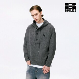 BONELESS秋季刺绣字母毛衣抽绳设计卫衣外套男女宽松针织连帽衫
