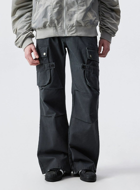 新因素美式高街宽松工装裤多口袋膝盖折叠褶皱男款直筒垂感牛仔裤