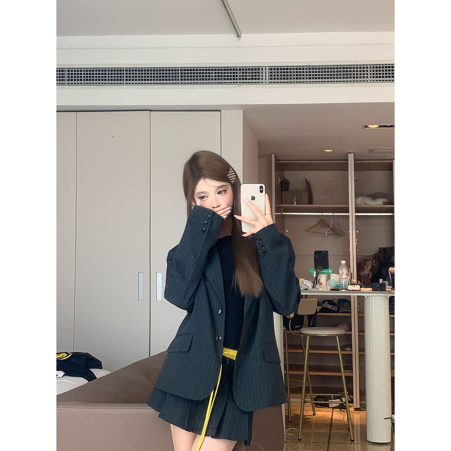 CAFE ROSE 秋冬新款长袖条纹休闲西装外套女百搭短裙阔腿长裤套装