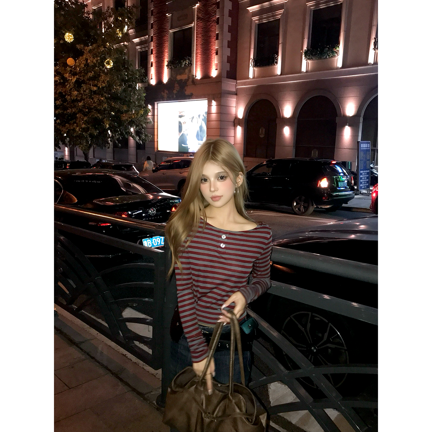 CAFE ROSE长袖复古条纹前后两穿T恤女秋季新款修身显瘦百搭打底衫