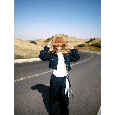 CAFE ROSE 秋冬新款复古百搭牛仔外套女宽松休闲阔腿裤长裤两件套