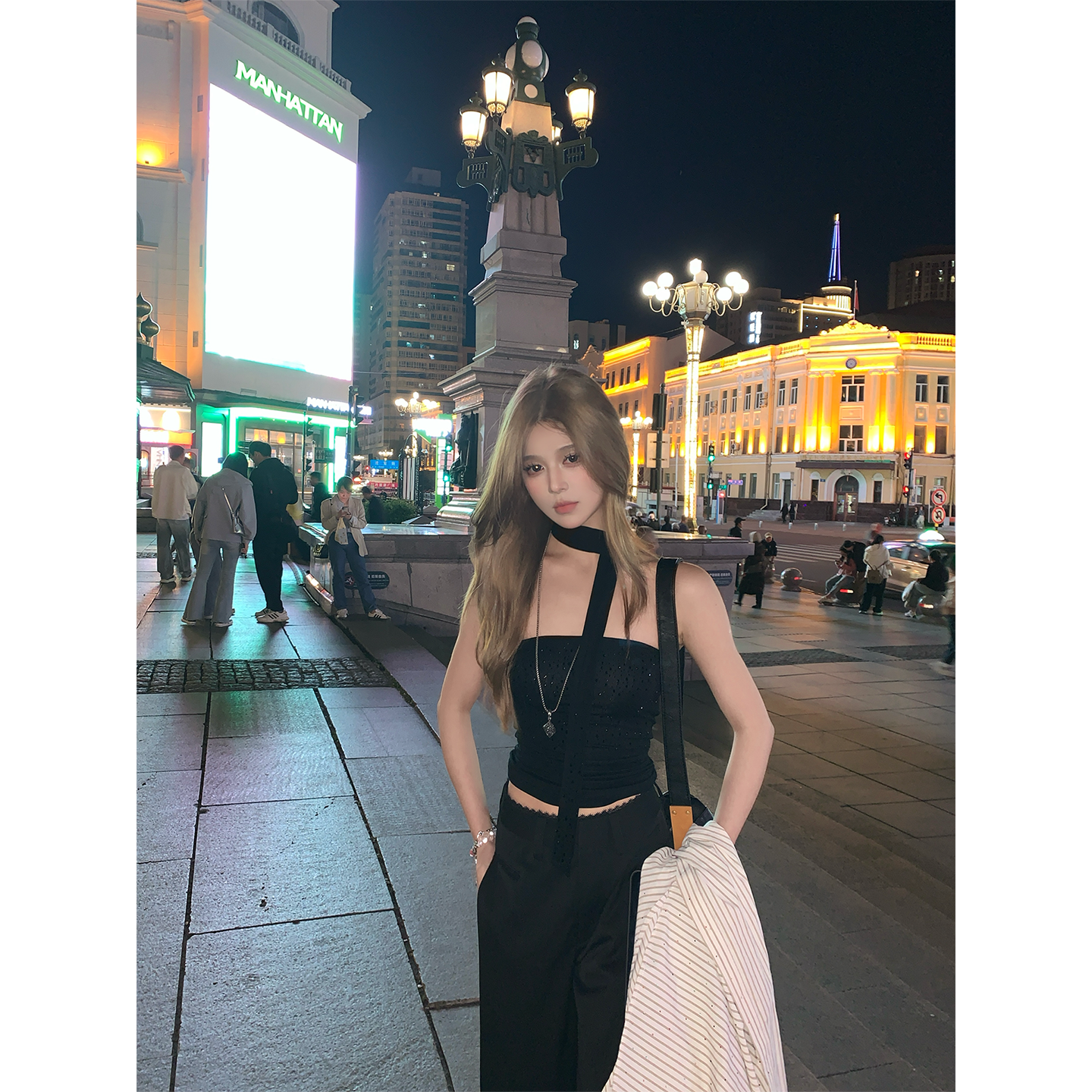 CAFE ROSE 辣妹风烫钻抹胸上衣女夏季新款修身显瘦百搭无袖背心潮