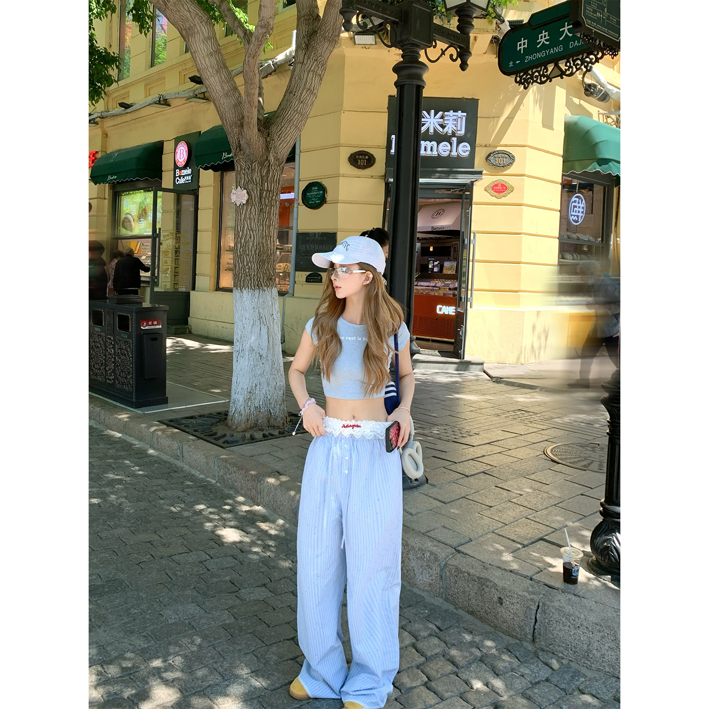 CAFE ROSE 条纹休闲裤女夏季新款高腰显瘦直筒裤百搭拖地裤长裤子