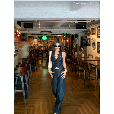 CAFE ROSE辣妹蕾丝V领高级感短款马夹女夏季新款单排扣设计感马甲