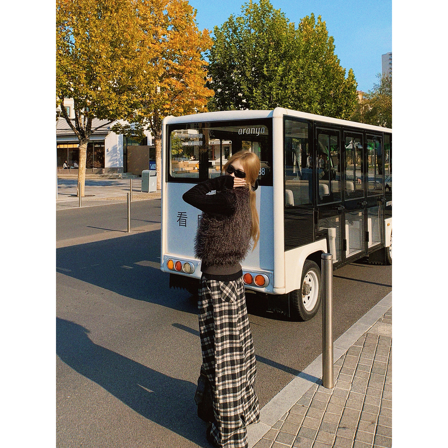 CAFE ROSE 复古黑白格纹羊毛休闲裤女冬装新款低腰宽松阔腿裤长裤