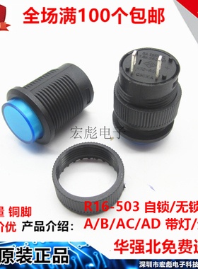 R16-503A/B 蓝色无灯 开孔16MM 2脚 复位按钮 自锁电源按键开关