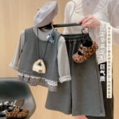 阔腿裤 女童洋气套装 拼接格子打底衫 儿童马甲 三件套 2026春秋新款