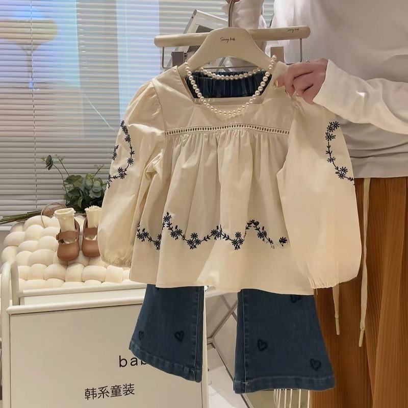 女童森系方领长袖娃娃衫时尚宽松短款上衣儿童春秋爱心牛仔阔腿裤,童装/婴儿装/亲子装,T恤,淘宝优惠券,粉丝福利购,淘宝优惠卷