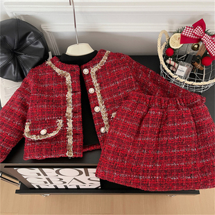 女童年款套装2026冬季新款儿童红色小香风加绒毛呢外套短裙两件套