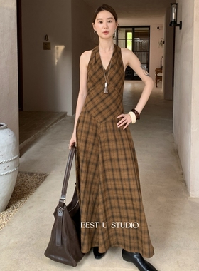 TCCW美拉德风连衣裙女秋季新款Best U百搭显瘦格纹拼接长裙背心裙