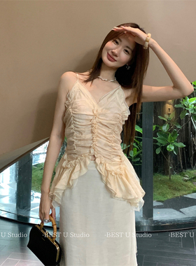Best U法式气质纯欲皱褶吊带上衣女夏季新款收腰显瘦晕染设计背心