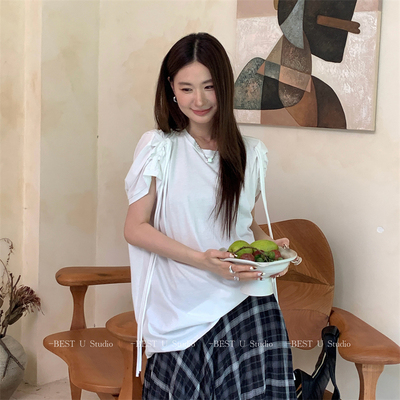 BestU褶皱肩白色显瘦宽松T恤