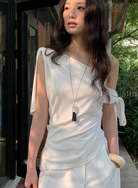 TCCW设计感斜肩露肩绑带T恤女夏季新款BestU时尚百搭显瘦上衣小衫