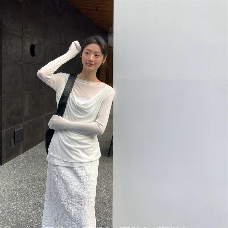 BestU气质假两件薄款纯色T恤