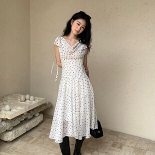 TCCW波点连衣裙女法式复古风收腰显瘦荡领长裙夏季新款气质裙子