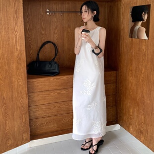 TCCW刺绣连衣裙女新中式重工显瘦长裙夏季新款小众可前后两穿裙子