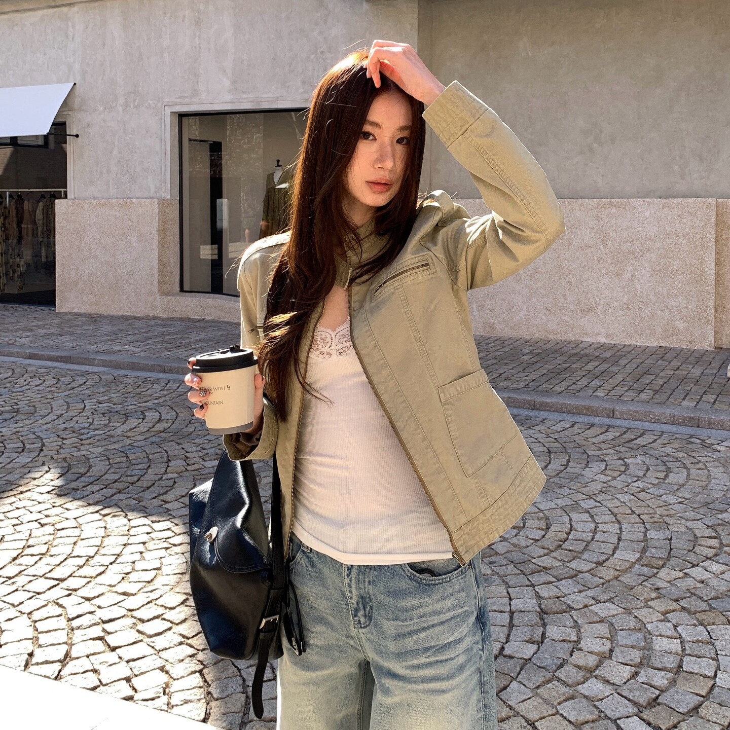 TCCW复古立领短外套女春季新款美式酷感卡其色拉链夹克百搭上衣