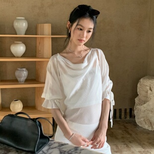 TCCW荡领衬衫女夏季新款气质小众前后两穿衬衣时尚舒适个性上衣