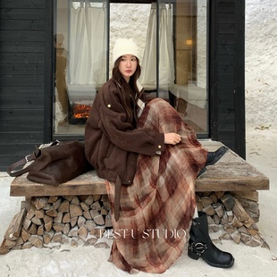 TCCW设计感不规则格纹半身裙女秋冬Best a字大摆裙 U百搭显瘦长款