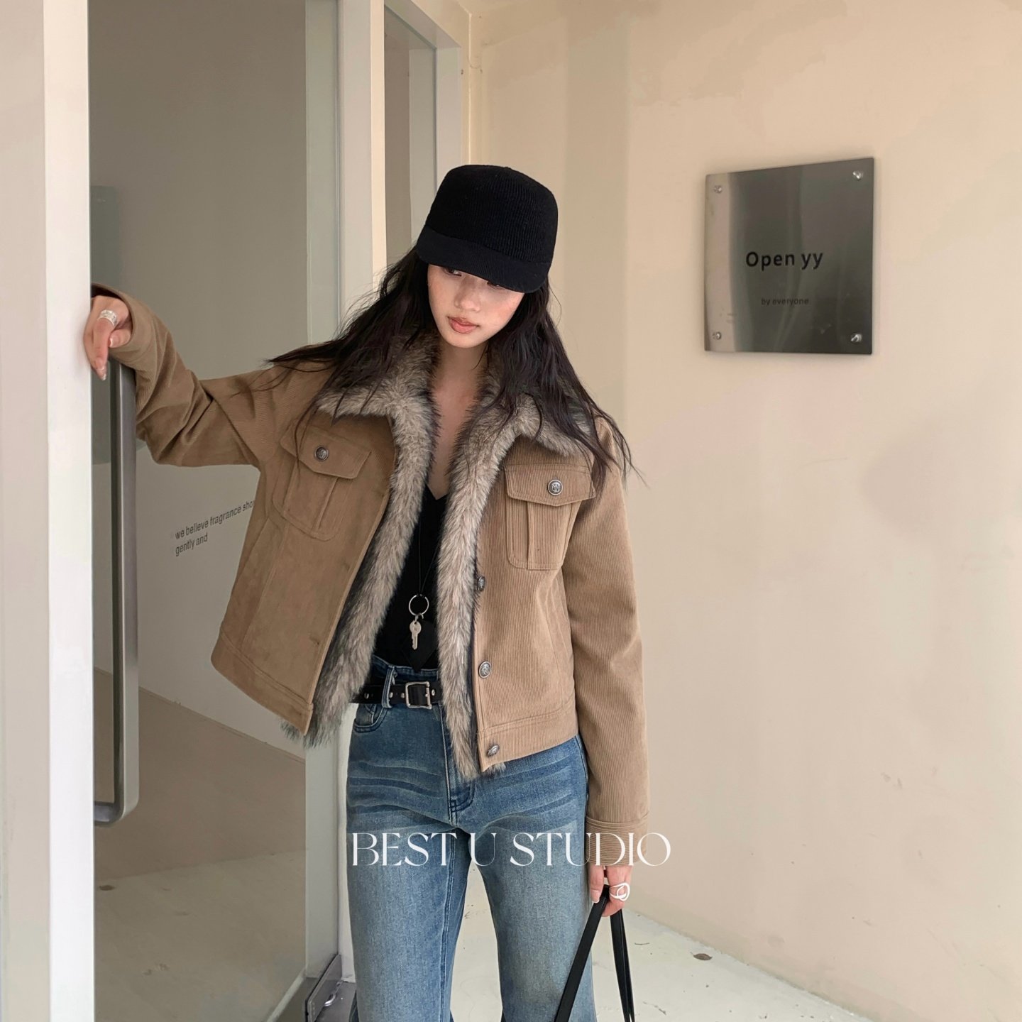 复古毛领拼接灯芯绒短外套女秋冬