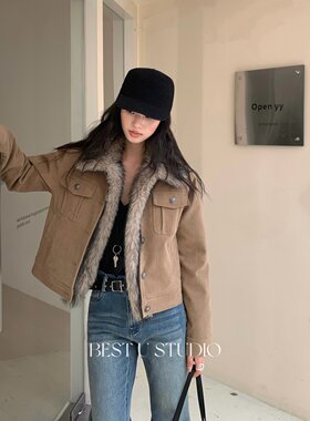 复古毛领拼接灯芯绒短外套女秋冬