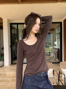 TCCW设计感纯色圆领长袖T恤女秋季新款Best U百搭显瘦打底衫上衣