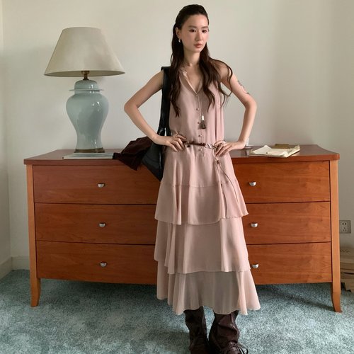 BestU复古无袖拼接连衣裙女秋季