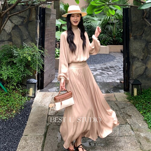 TCCW秋季新款两穿压褶A字长裙女