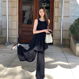 百搭宽松裙裤 高腰垂感休闲裤 女春夏新款 TCCW轻熟简约风黑色阔腿裤