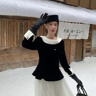 TCCW气质名媛黑色丝绒一字肩撞色拼接收腰修身针织衫女Best U上衣