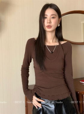 BestU设计感真两件套长袖T恤女秋冬新款内搭修身显瘦小衫纯色上衣