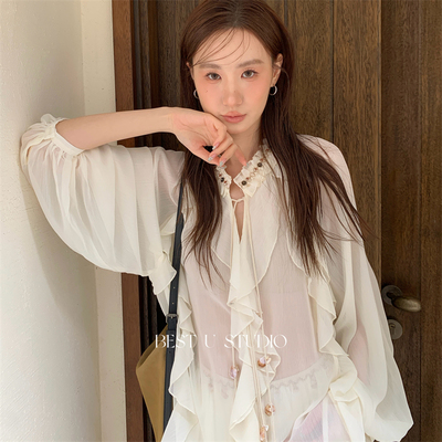 BestU波嬉风V领荷叶边薄款衬衫