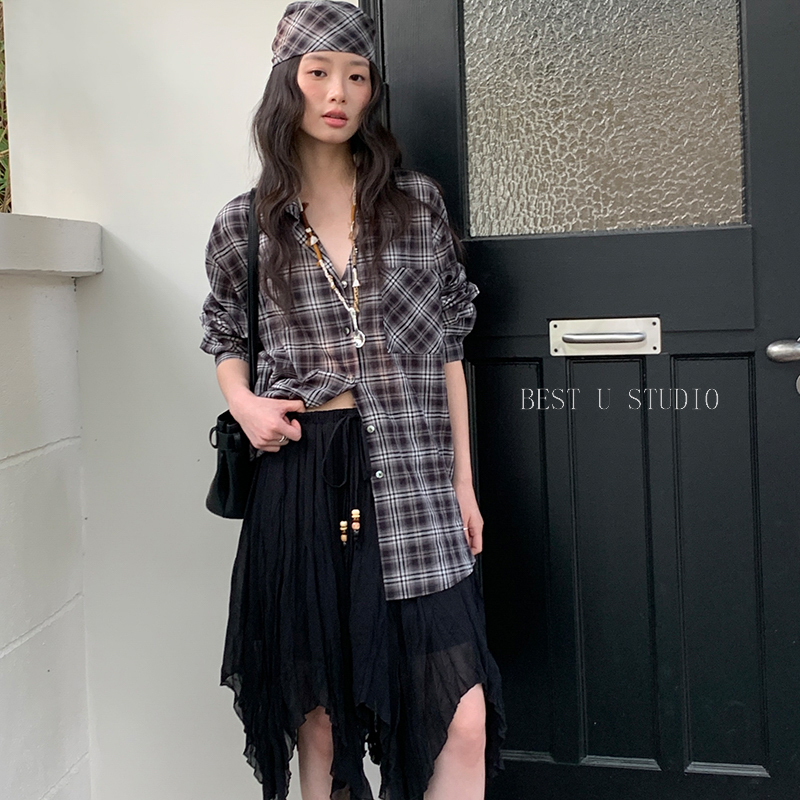 BestU复古格子衬衫女夏季新款