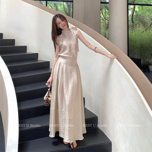 新款 纯色半身裙女夏季 高腰肌理感长裙醋酸缎面裙子 U气质法式 Best