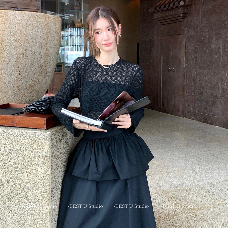 BestU镂空圆领设计感蕾丝新款T恤