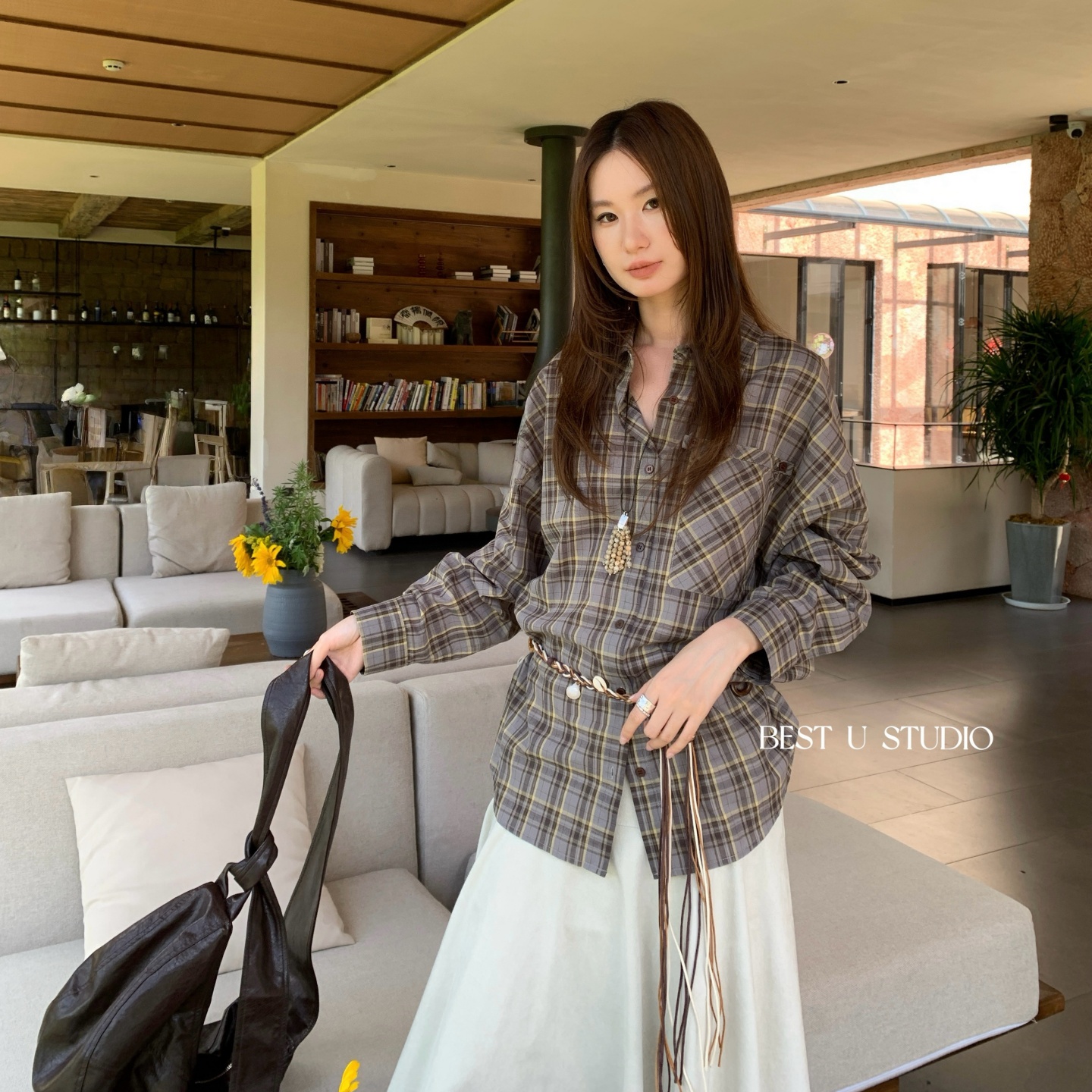 BestU复古格纹长袖衬衫女秋季