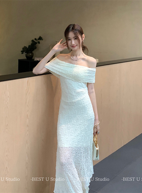 Best U纯欲风透视一字领两穿连衣裙女夏季新款设计感小众气质长裙