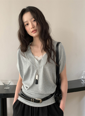 TCCW百搭纯色V领短袖T恤女夏季新款Best U真两件蕾丝吊带叠穿上衣