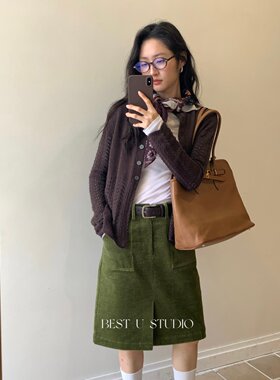 TCCW灯芯绒半裙开叉包臀半身裙