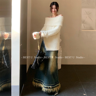 Best U设计感多穿法一字肩毛衣女2025年冬季新款韩系纯色针织衫