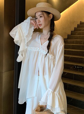 TCCW仙女度假风白色雪纺长袖衬衫
