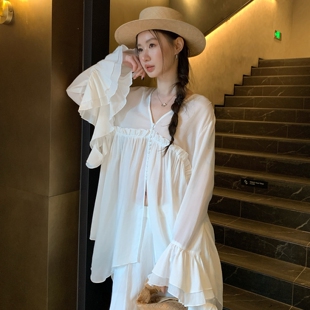 TCCW仙女度假风白色雪纺长袖衬衫女春夏新款上衣设计感气质衬衣