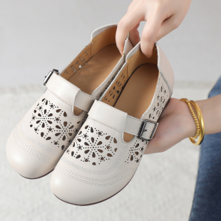 真皮妈妈鞋女软底不累脚夏季镂空舒适洞洞鞋女士单鞋透气平跟女鞋