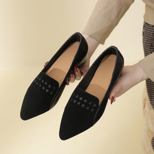 2025春季新款真皮低跟单鞋女浅口夹头休闲粗跟软底妈妈鞋女鞋大码